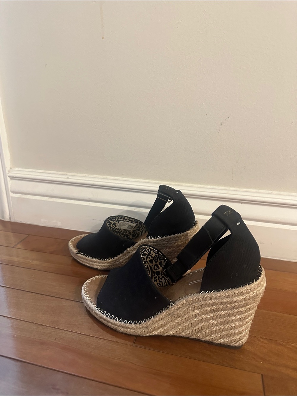 Toms Black Canvas Espadrille Wedge Sandals with Ankle Tie